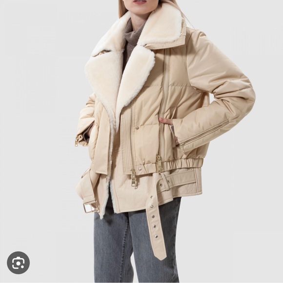 Nicole Benisti Hayden biker jacket coat shearling beige tan cream small s - Picture 4 of 4